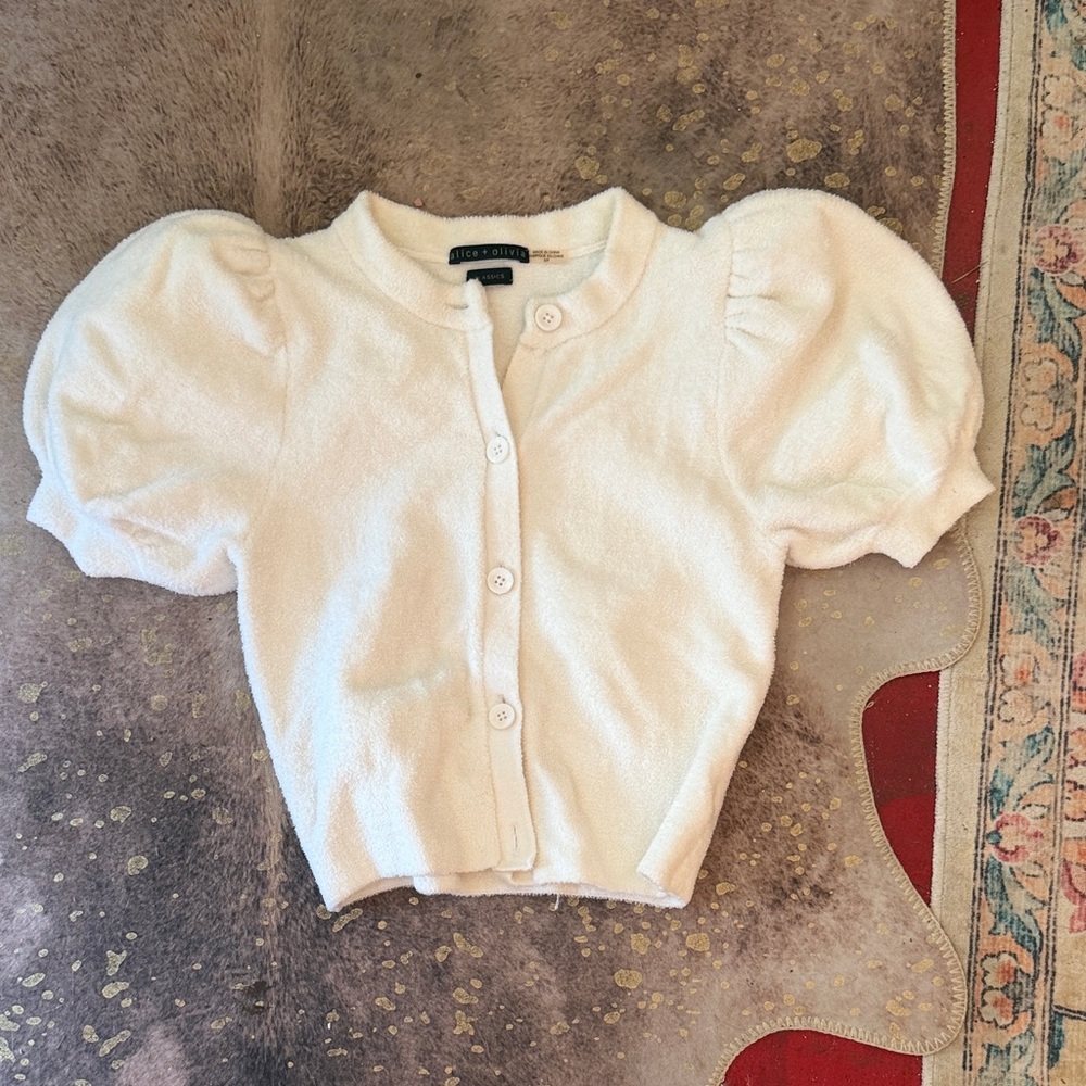 Alice + Olivia Cream Puff Sleeve Button Down Top